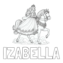 Online izdelana pobarvanka - Pobarvanka imena IZABELLA in pobarvanka princese na konju