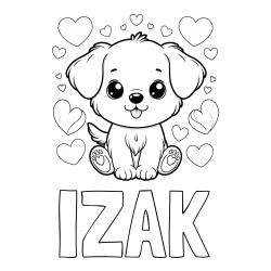 Online izdelana pobarvanka - Pobarvanka imena IZAK in pobarvanka ljubkega kužka obdanega s srčki