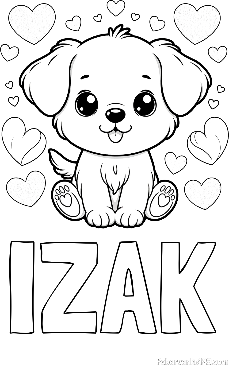 Pobarvanka imena IZAK in pobarvanka ljubkega kužka obdanega s srčki