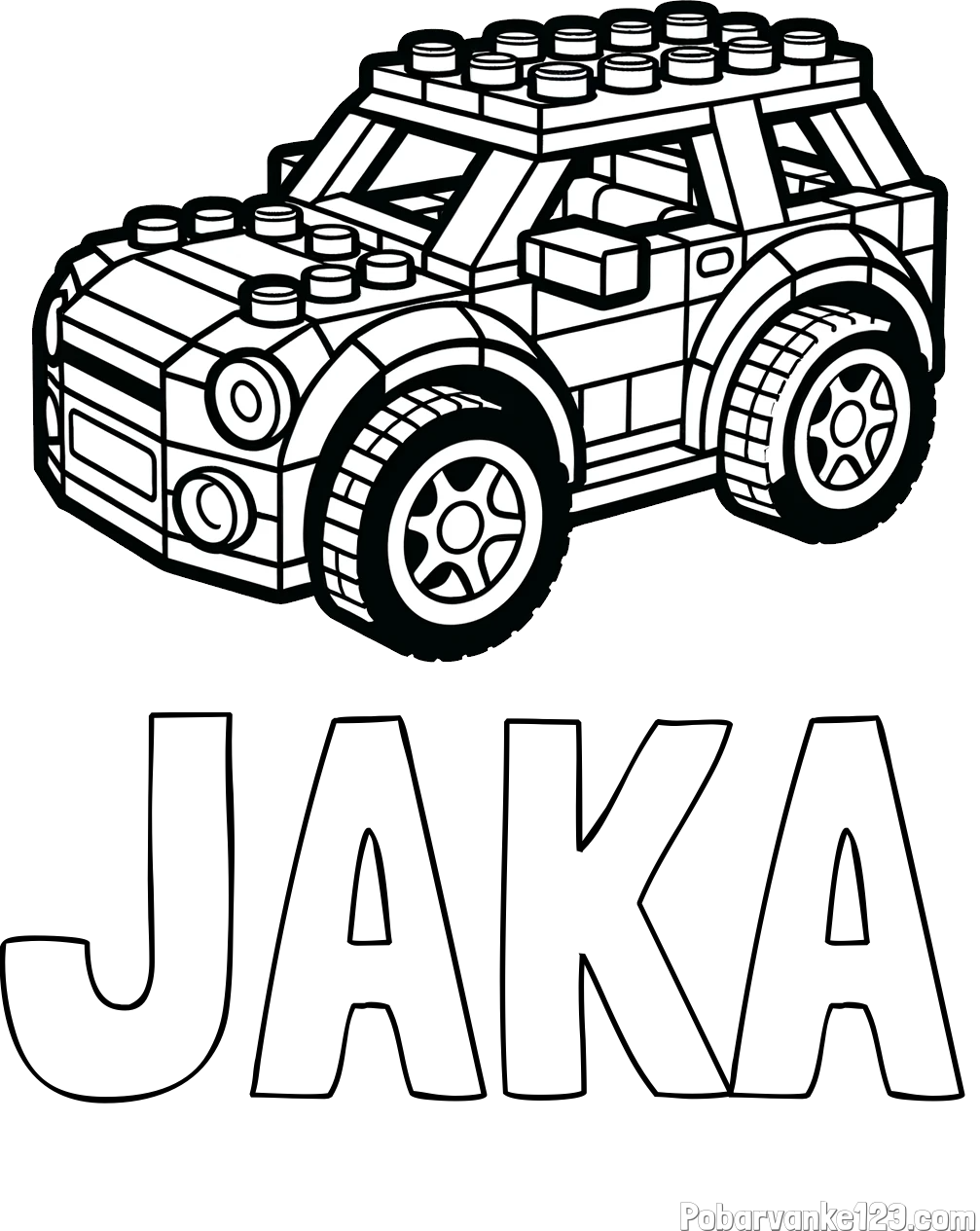 Pobarvanka imena JAKA in pobarvanka avtomobila sestavljenega iz LEGO kock