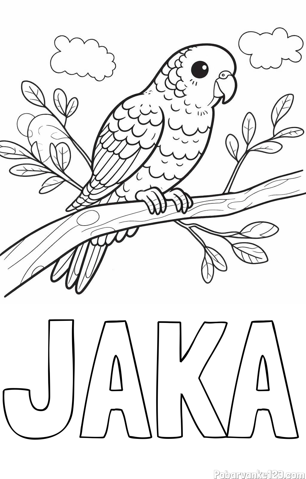 Pobarvanka imena JAKA in pobarvanka ljubkega kanarčka na veji
