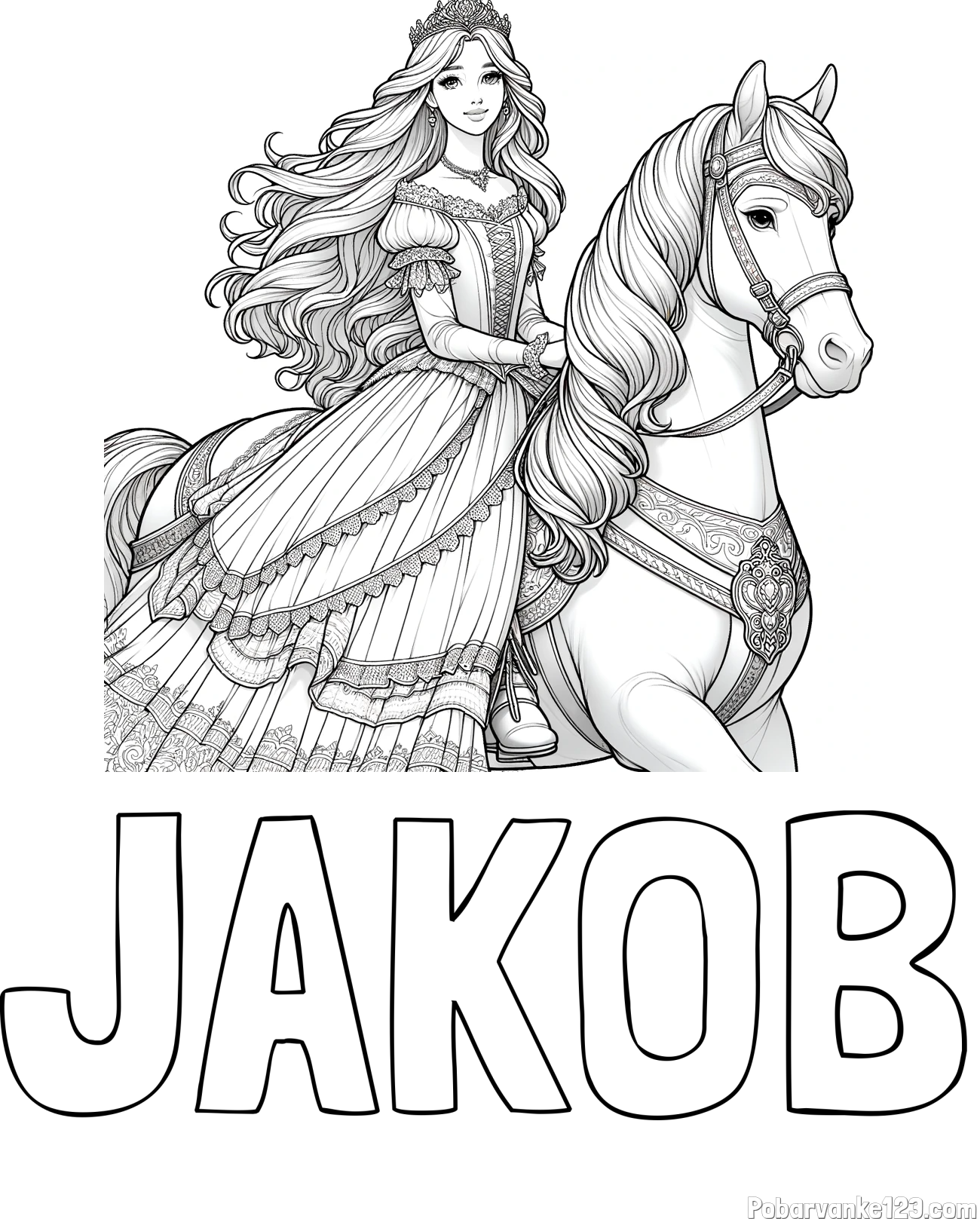 Pobarvanka imena JAKOB in pobarvanka nasmejana princese na konju