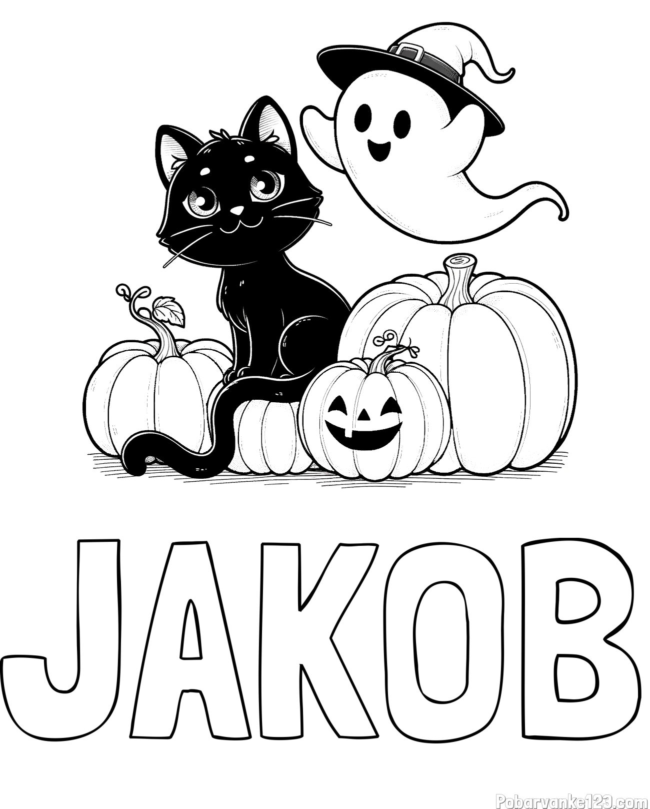 Pobarvanka imena JAKOB in pobarvanka prijaznega duhca, črne mačke ter buč za noč čarovnic