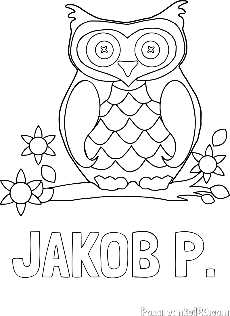 Pobarvanka imena JAKOB P. in pobarvanka sove