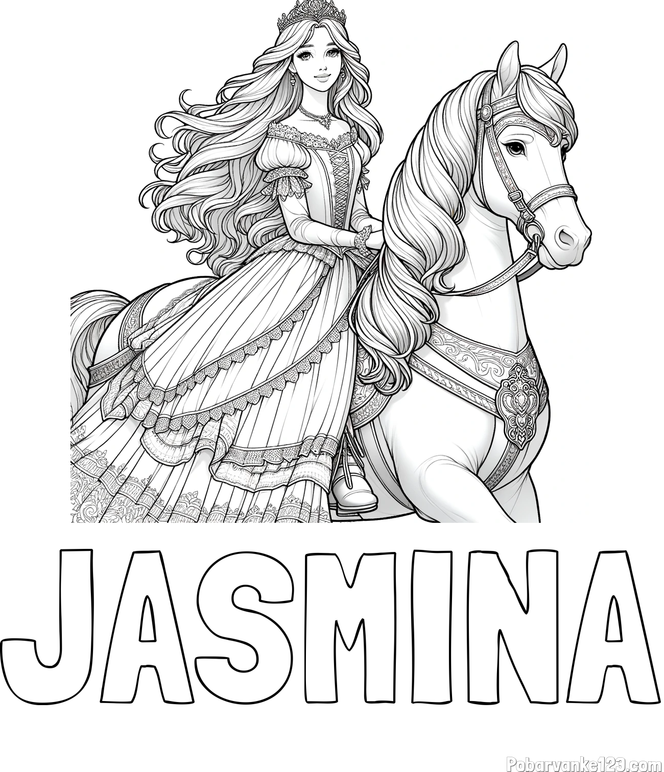 Pobarvanka imena JASMINA in pobarvanka nasmejana princese na konju