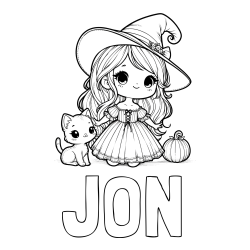 Online izdelana pobarvanka - Pobarvanka imena JON in pobarvanka ljubke čarovnice, muce in buče
