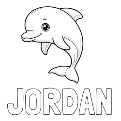 Online izdelana pobarvanka - Pobarvanka imena JORDAN in otroška pobarvanka ljubkega delfina