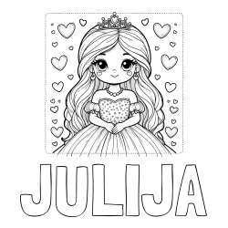 Pobarvanka imena JULIJA in pobarvanka ljubke princese obdane s srčki
