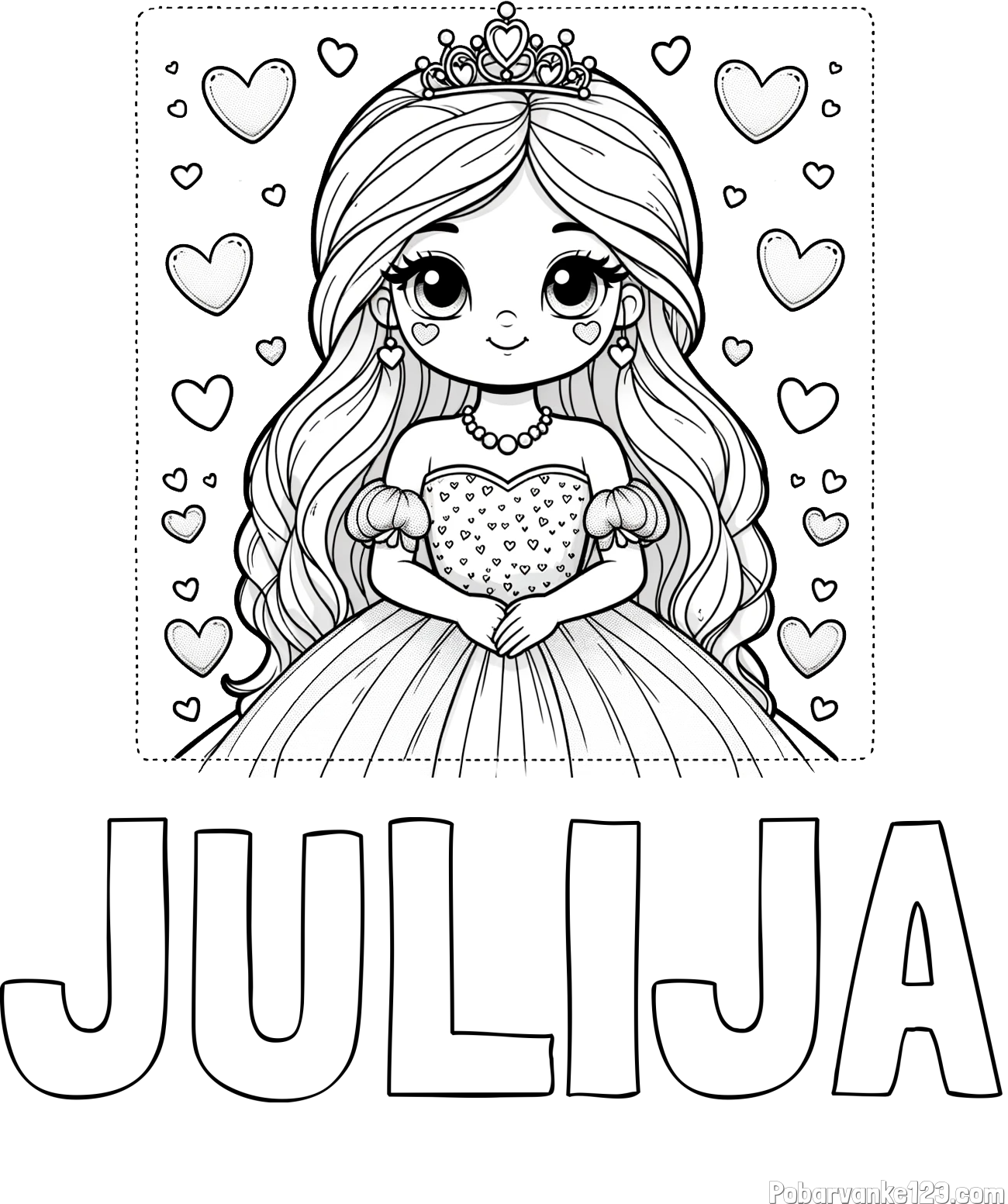 Pobarvanka imena JULIJA in pobarvanka ljubke princese obdane s srčki