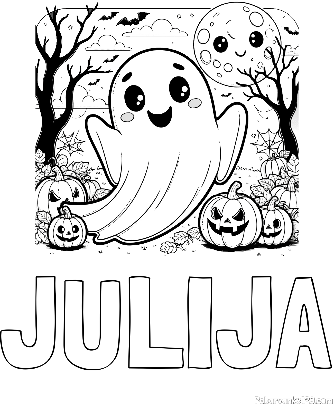 Pobarvanka imena JULIJA in pobarvanka ljubkega duhca in buč za noč čarovnic