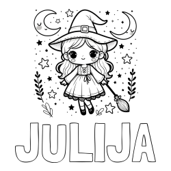 Online izdelana pobarvanka - Pobarvanka imena JULIJA in pobarvanka prikupne čarovnice
