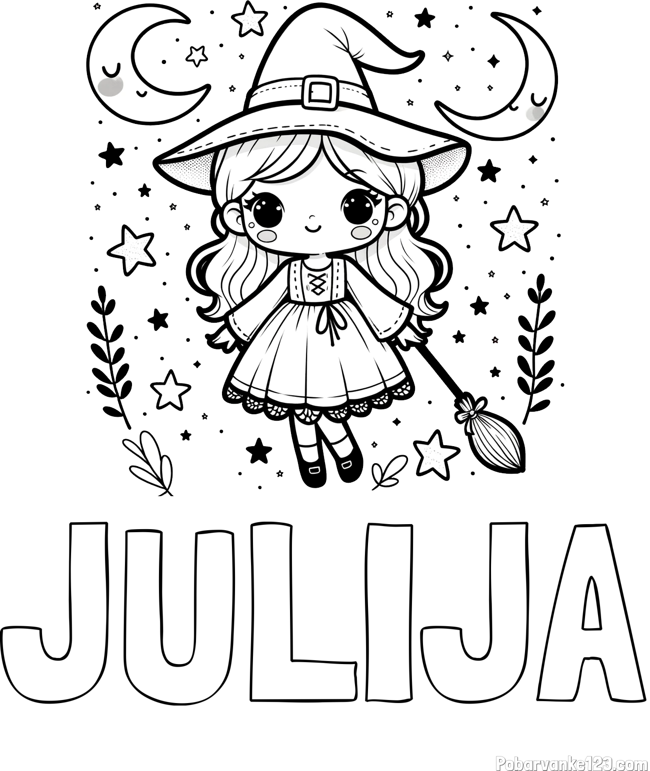 Pobarvanka imena JULIJA in pobarvanka prikupne čarovnice