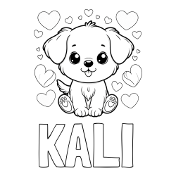 Online izdelana pobarvanka - Pobarvanka imena KALI in pobarvanka ljubkega kužka obdanega s srčki