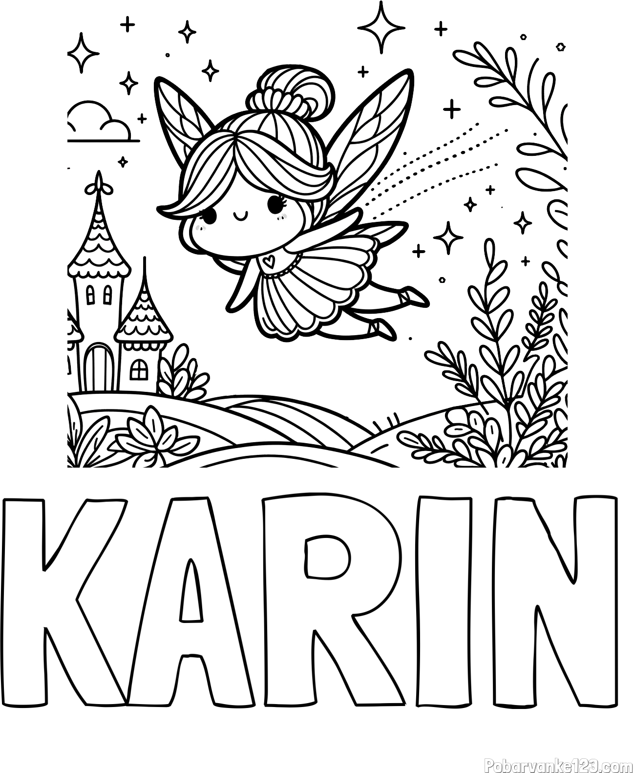 Pobarvanka imena KARIN in pobarvanka čarobne vile, ki leti nad pravljično pokrajino