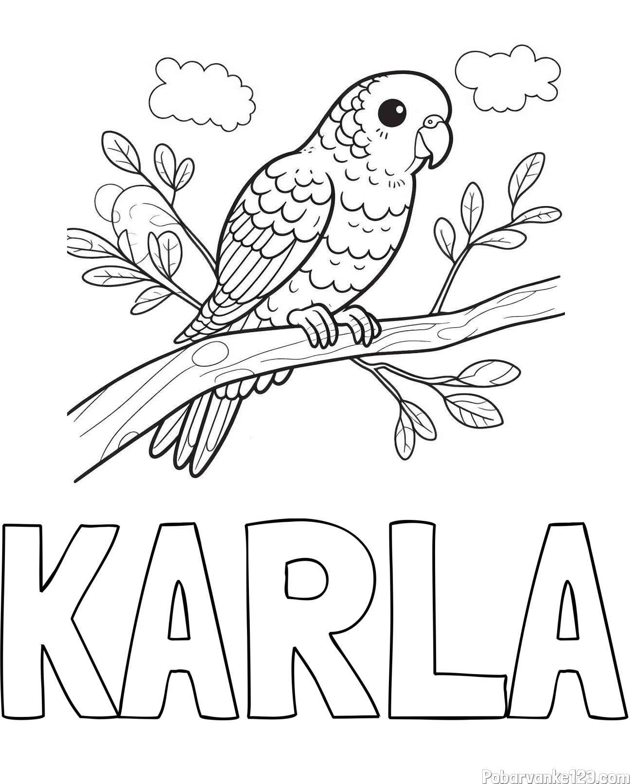 Pobarvanka imena KARLA in pobarvanka ljubkega kanarčka na veji