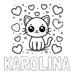 Online izdelana pobarvanka - Pobarvanka imena KAROLINA in pobarvanka ljubke mucke obdane z veliko srčki