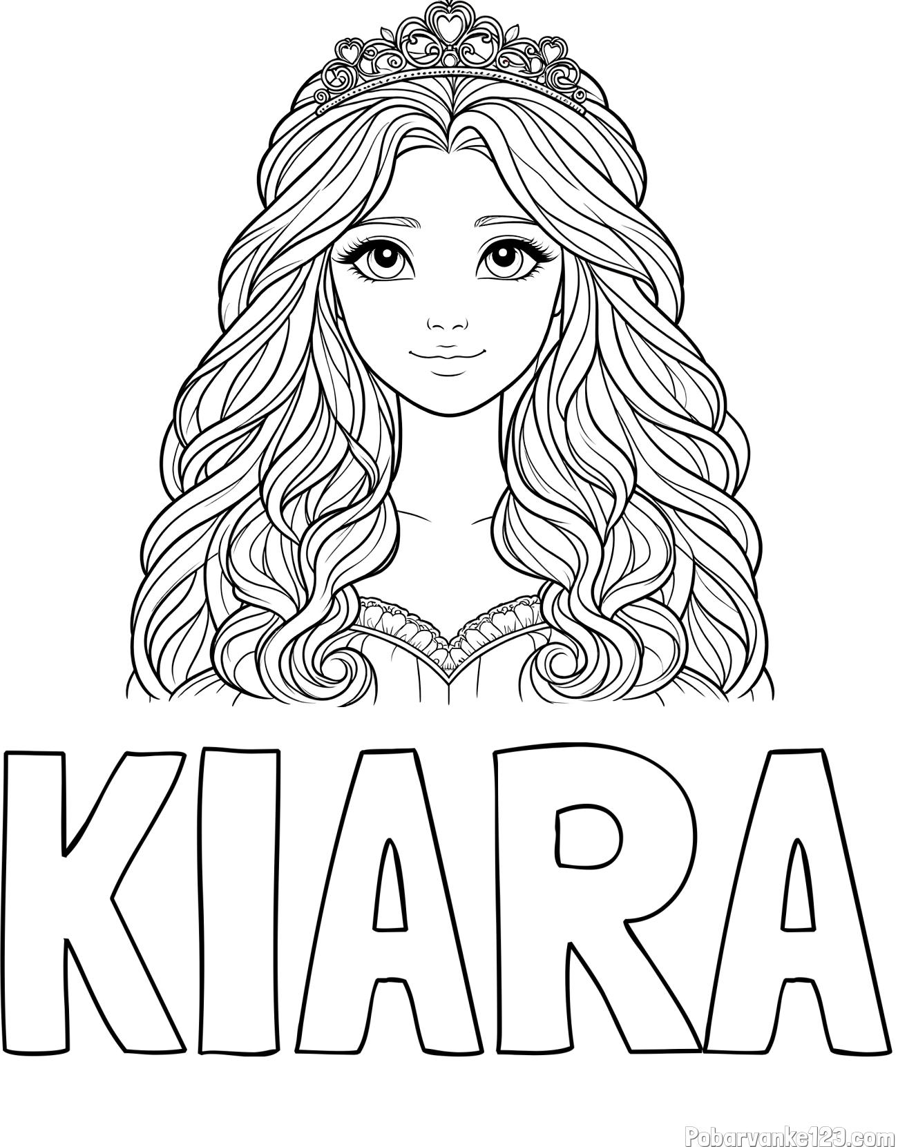 Pobarvanka imena KIARA in pobarvanka ljubke princese z bujnimi lasmi