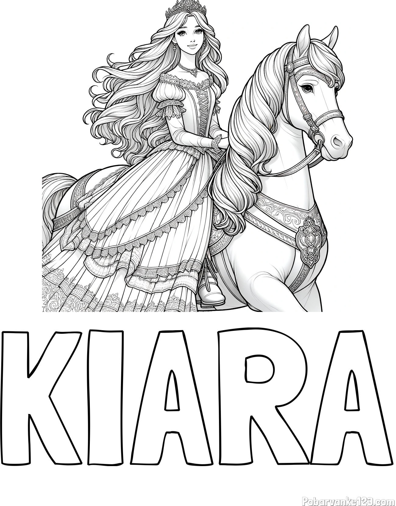 Pobarvanka imena KIARA in pobarvanka nasmejana princese na konju