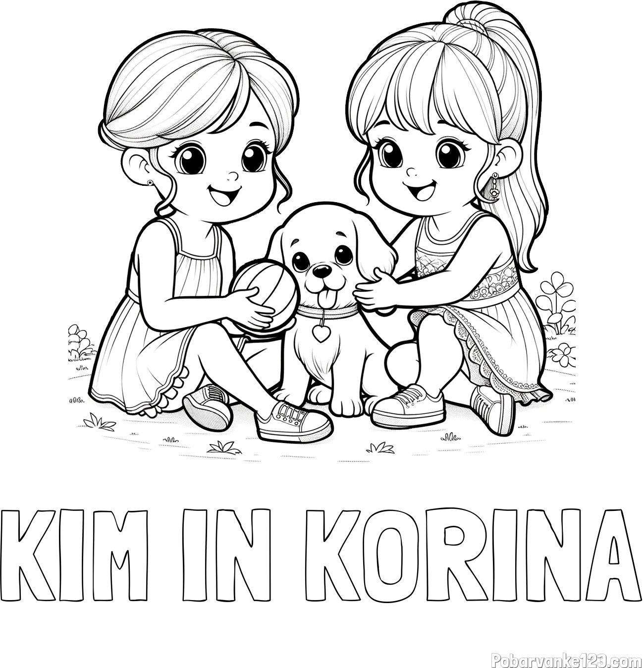 Pobarvanka imena KIM IN KORINA in pobarvanka prijateljic s kužkom