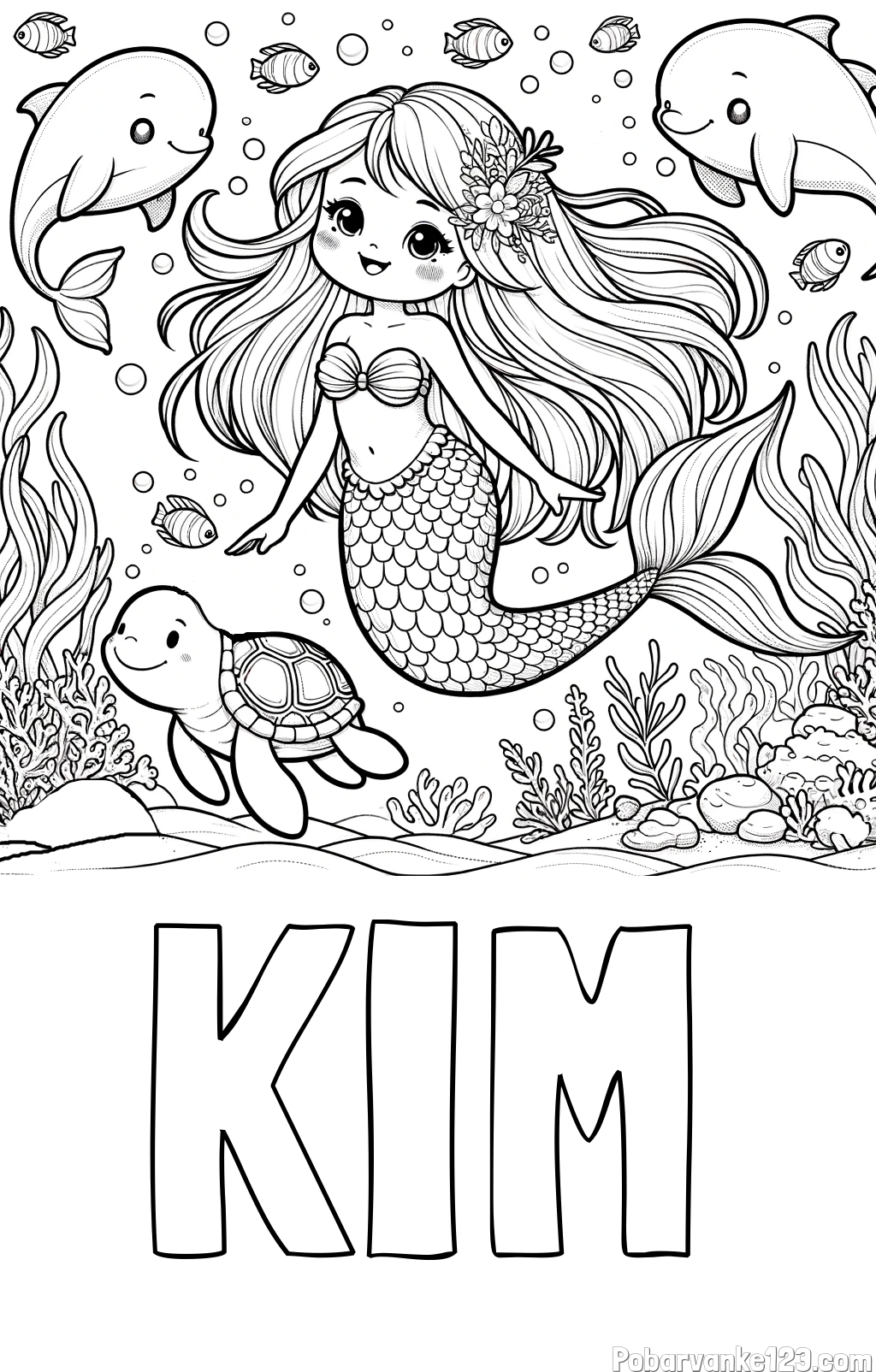Pobarvanka imena KIM in pobarvana ljubke morske deklice s prijatelji