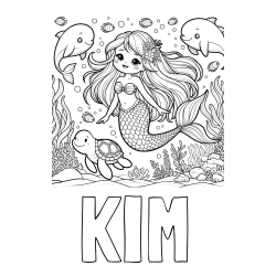 Online izdelana pobarvanka - Pobarvanka imena KIM in pobarvana ljubke morske deklice s prijatelji