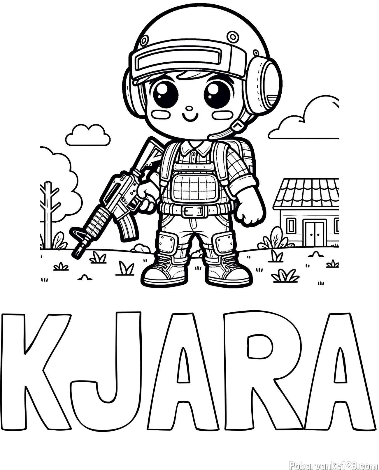 Pobarvanka imena KJARA in preprosta otroška PUBG pobarvanka