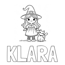 Online izdelana pobarvanka - Pobarvanka imena KLARA in Čudovita pobarvanka ljubke čarovnice in nasmejane mačke