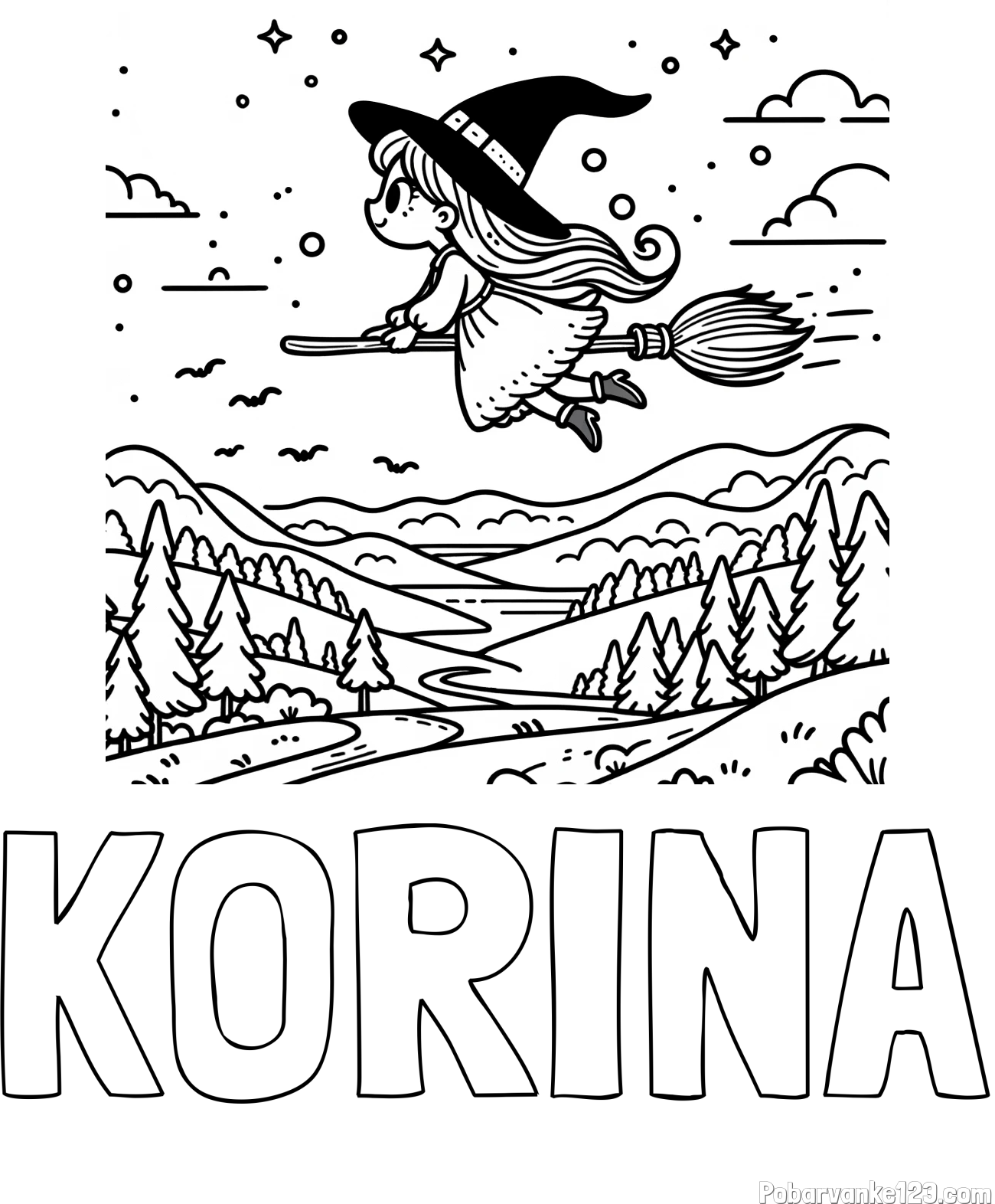 Pobarvanka imena KORINA in pobarvanka čarovnice, ki leti na metli