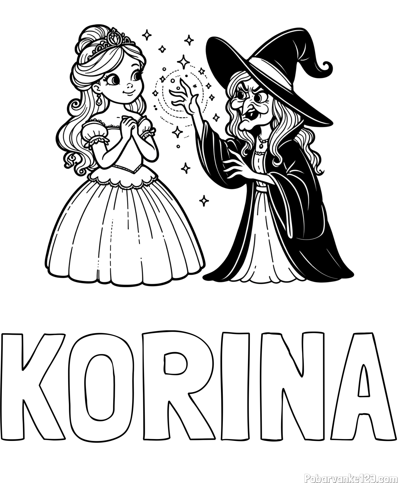 Pobarvanka imena KORINA in pobarvanka zlobne čarovnice, ki poskuša začarati princesko