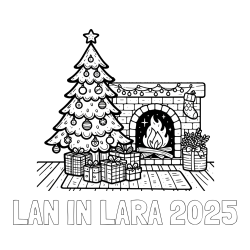 Online izdelana pobarvanka - Pobarvanka imena LAN IN LARA 2025 in pobarvanka božične noči z božično smrečico, darili ter kaminom