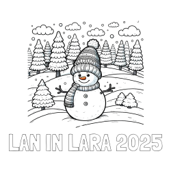 Online izdelana pobarvanka - Pobarvanka imena LAN IN LARA 2025 in pobarvanka snežaka v naravi obdanega z zasneženimi smrekami
