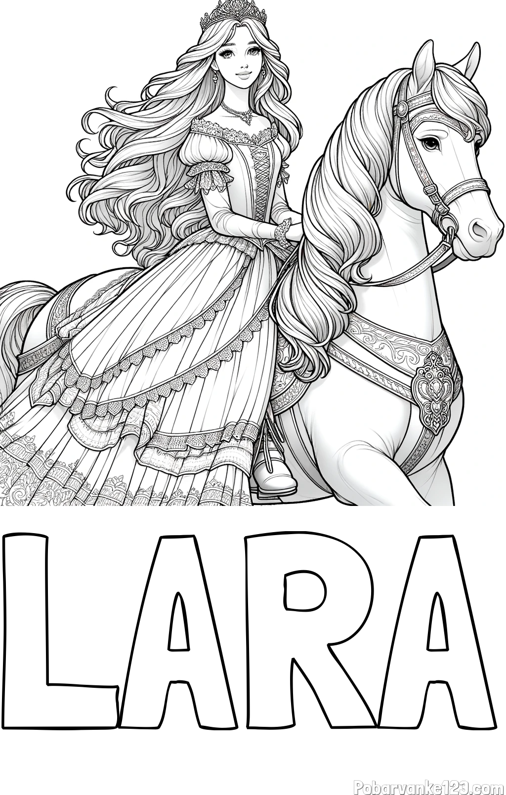 Pobarvanka imena LARA in pobarvanka nasmejana princese na konju