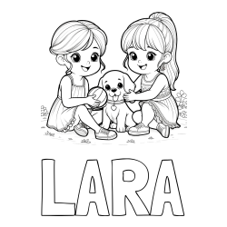 Online izdelana pobarvanka - Pobarvanka imena LARA in pobarvanka prijateljic s kužkom