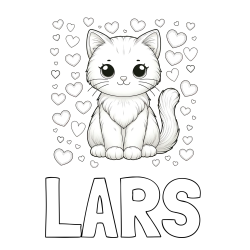 Online izdelana pobarvanka - Pobarvanka imena LARS in pobarvanka ljubke mucke obdane s srčki