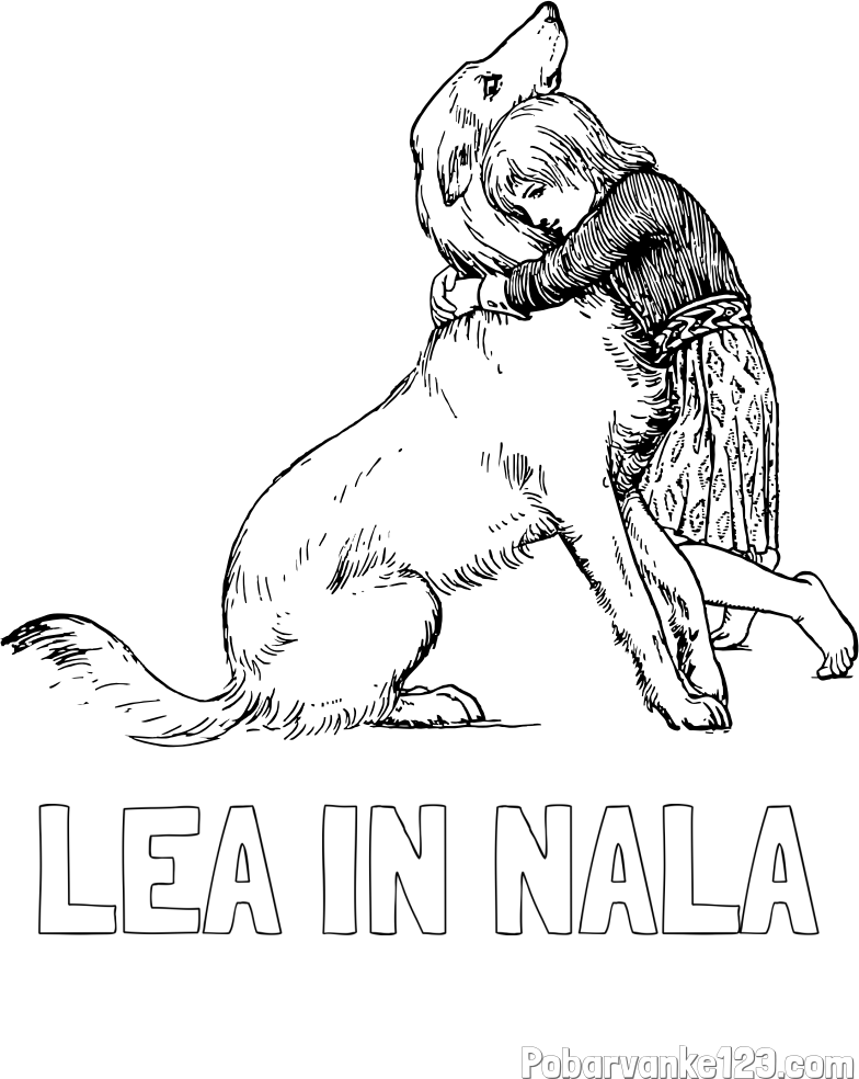 Pobarvanka imena LEA IN NALA in pobarvanka prikupnega kužka, ki ga objema mala deklica