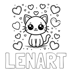 Online izdelana pobarvanka - Pobarvanka imena LENART in pobarvanka ljubke mucke obdane z veliko srčki