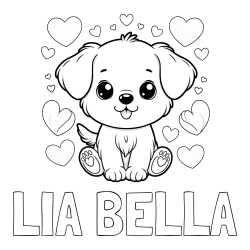 Online izdelana pobarvanka - Pobarvanka imena LIA BELLA in pobarvanka ljubkega kužka obdanega s srčki