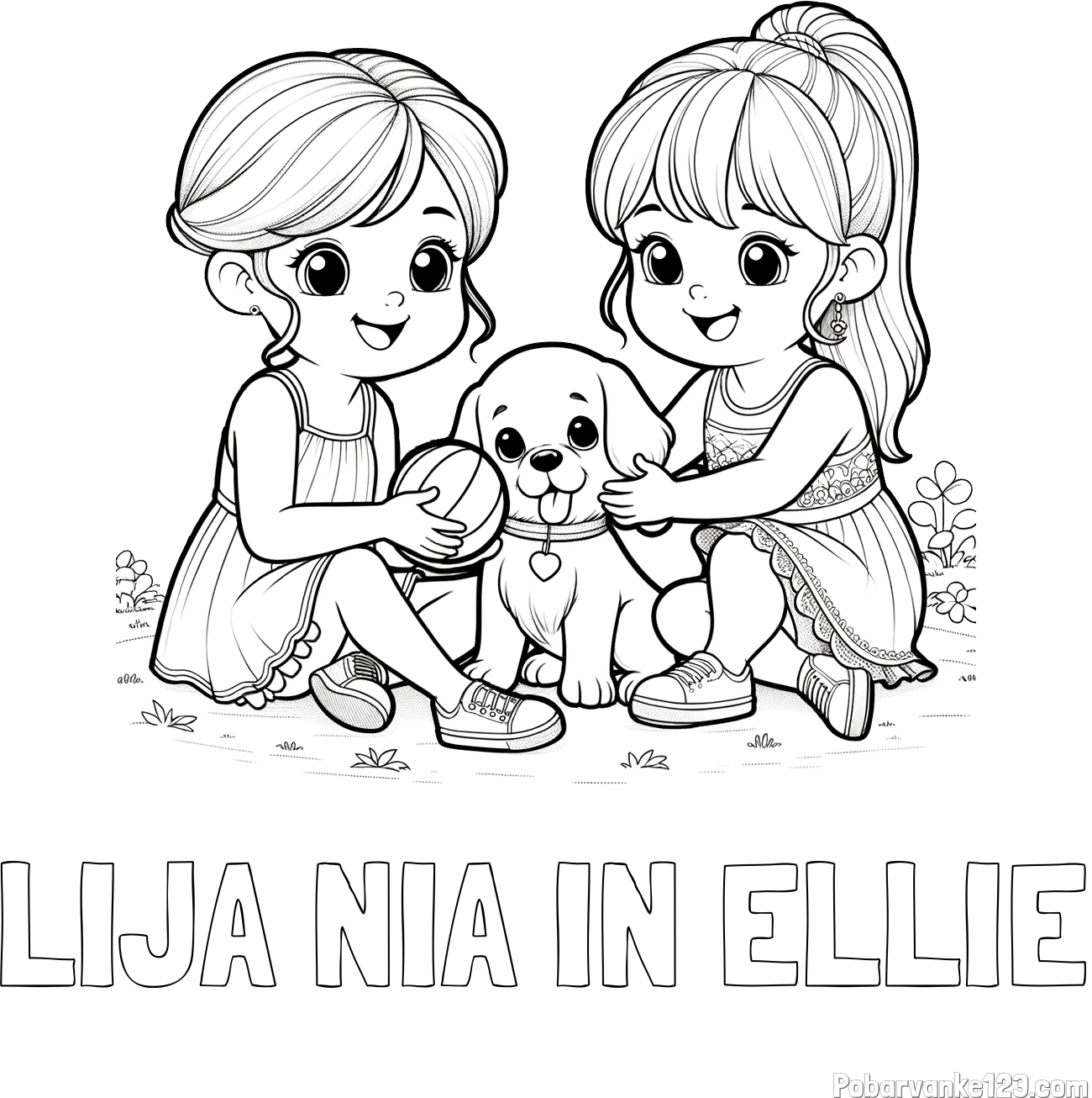 Pobarvanka imena LIJA NIA IN ELLIE in pobarvanka prijateljic s kužkom