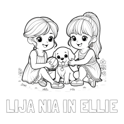 Online izdelana pobarvanka - Pobarvanka imena LIJA NIA IN ELLIE in pobarvanka prijateljic s kužkom