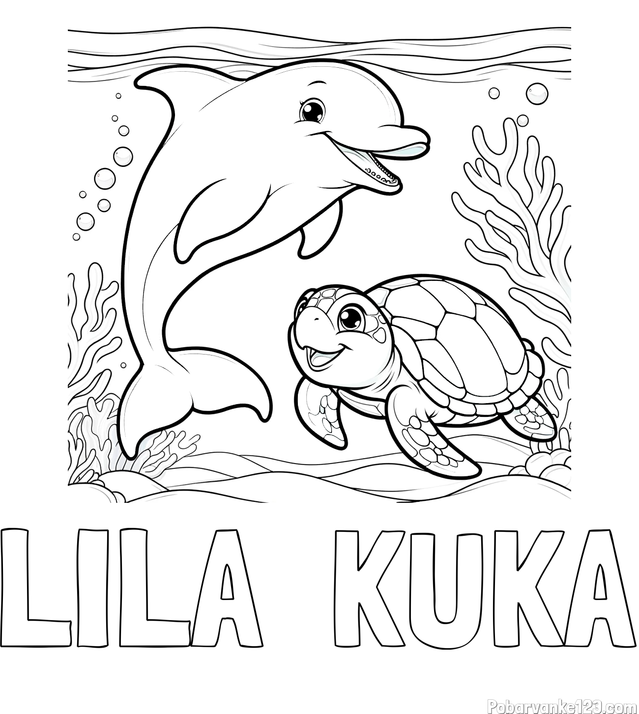 Pobarvanka imena LILA  KUKA in pobarvanka ljubkega delfina z želvo v morju