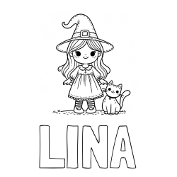 Online izdelana pobarvanka - Pobarvanka imena LINA in Čudovita pobarvanka ljubke čarovnice in nasmejane mačke