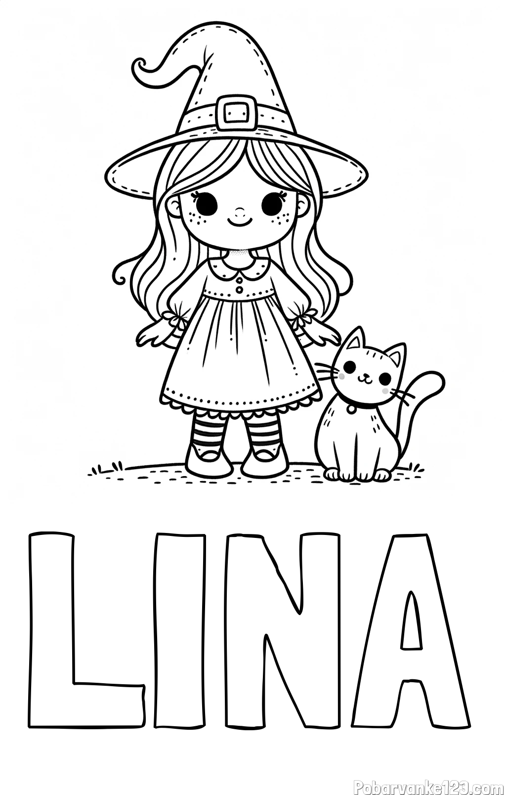 Pobarvanka imena LINA in Čudovita pobarvanka ljubke čarovnice in nasmejane mačke