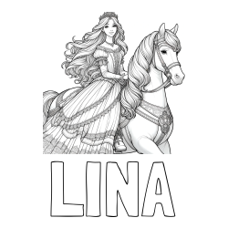 Online izdelana pobarvanka - Pobarvanka imena LINA in pobarvanka nasmejana princese na konju