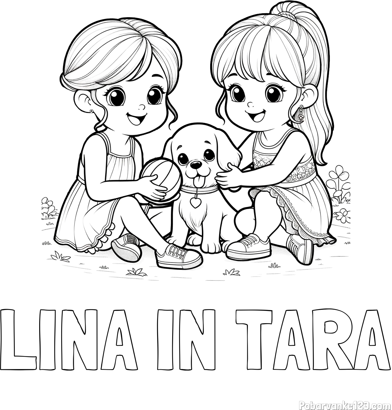 Pobarvanka imena LINA IN TARA in pobarvanka prijateljic s kužkom