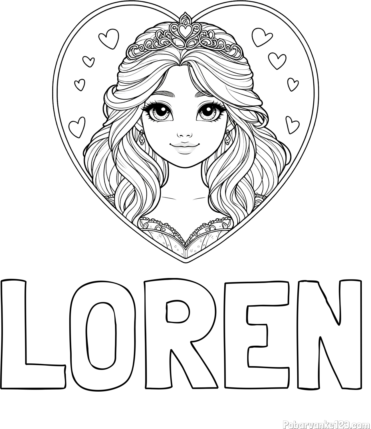 Pobarvanka imena LOREN in pobarvanka princeske ter srčkov