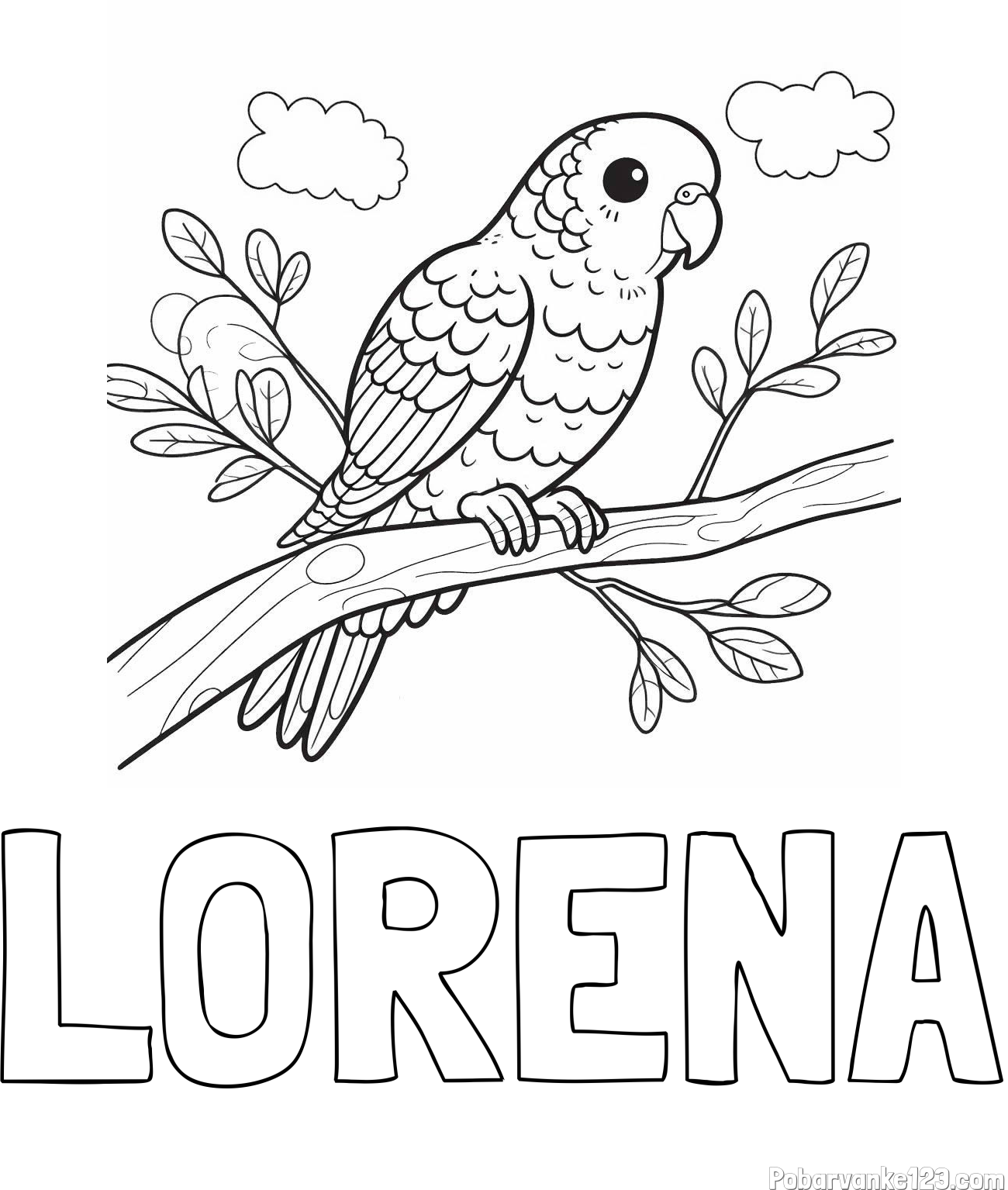 Pobarvanka imena LORENA in pobarvanka ljubkega kanarčka na veji