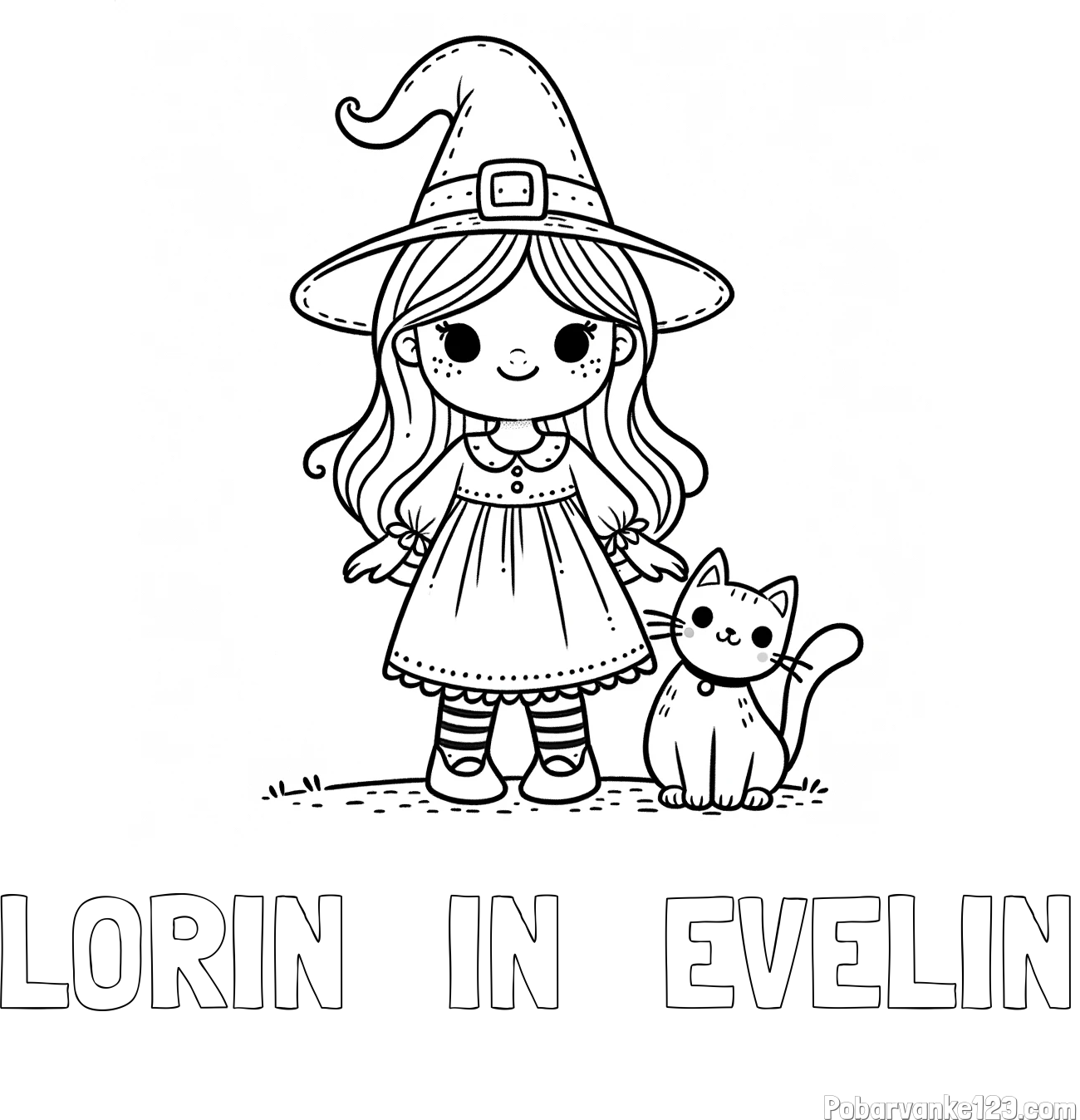 Pobarvanka imena LORIN   IN   EVELIN in Čudovita pobarvanka ljubke čarovnice in nasmejane mačke