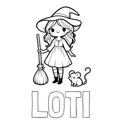 Online izdelana pobarvanka - Pobarvanka imena LOTI in pobarvanka čarovnice z metlo in miško