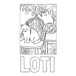 Online izdelana pobarvanka - Pobarvanka imena LOTI in pobarvanka mačke, duhcev ter velike nasmejane buče za noč čarovnic