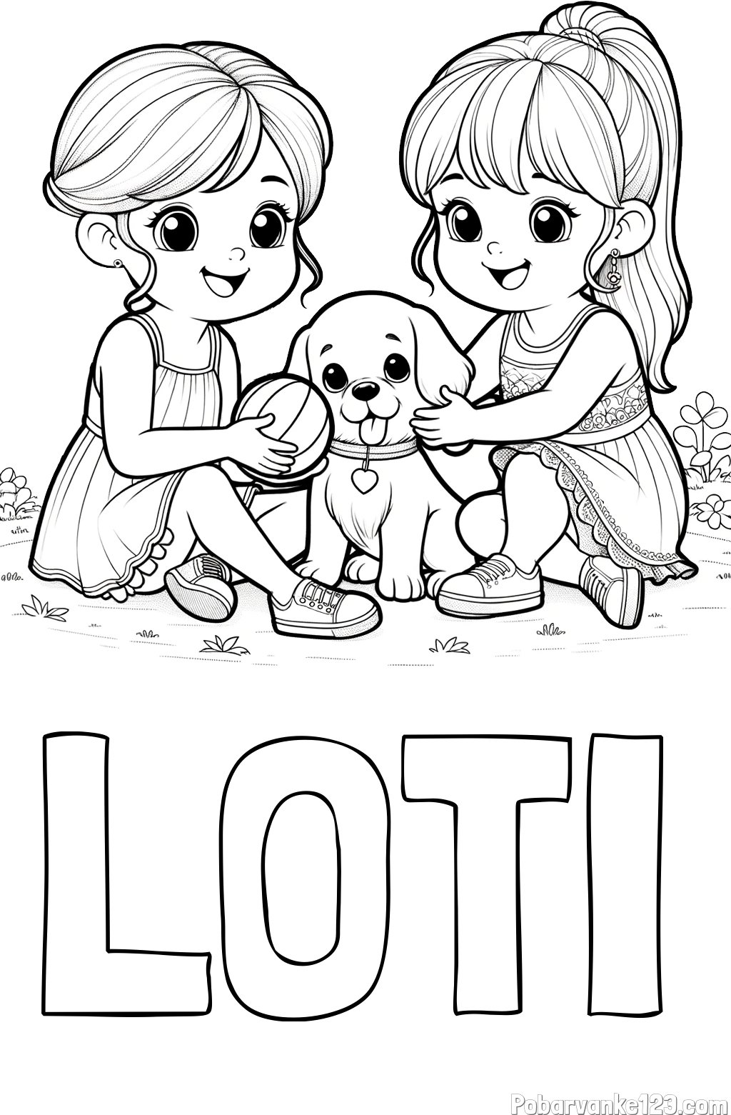 Pobarvanka imena LOTI in pobarvanka prijateljic s kužkom